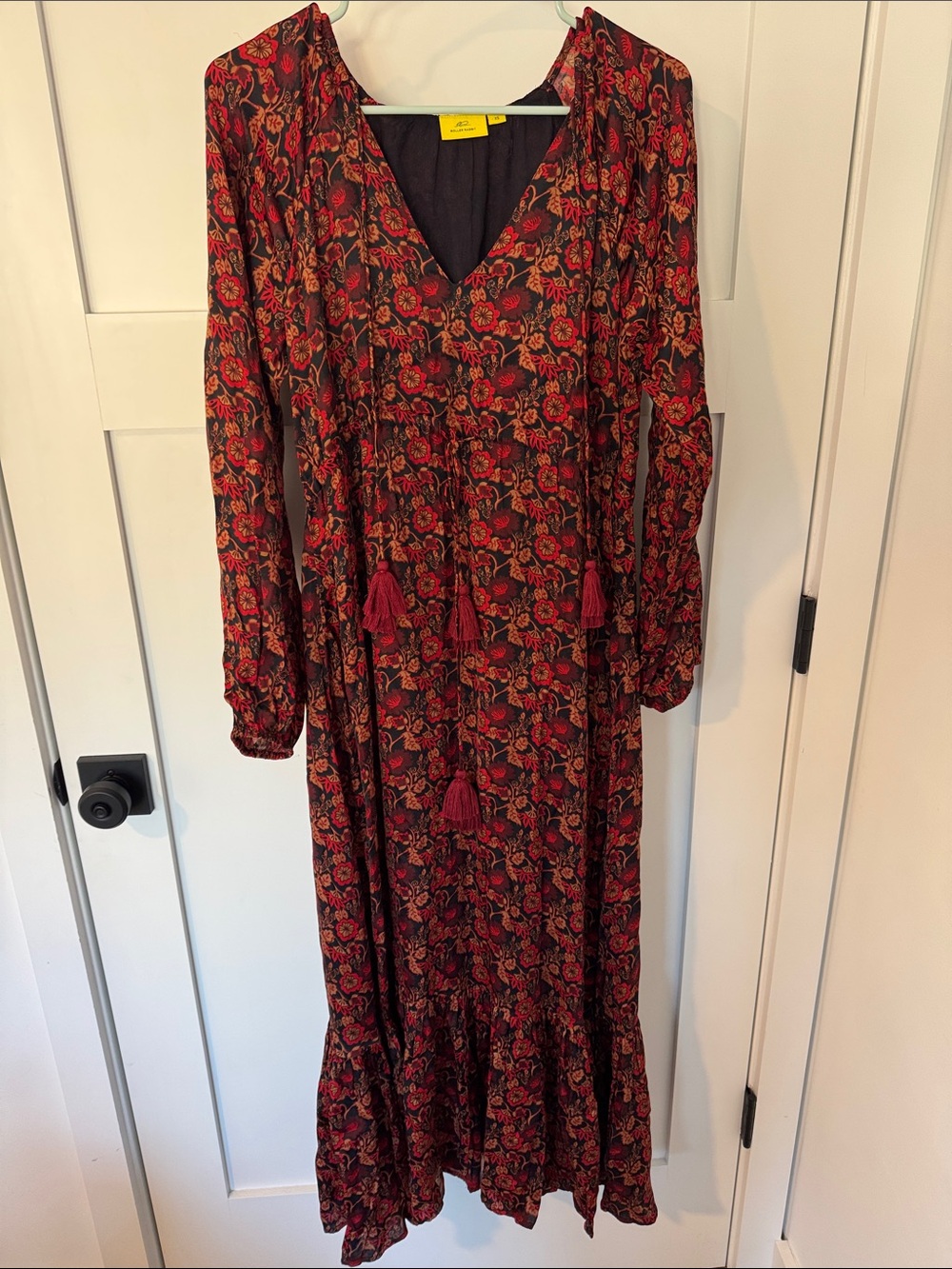 Roller Rabbit Long Sleeve V-Neck Floral Maxi Dress in Burgundy and Black